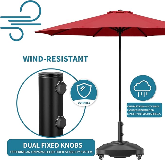 Umbrella Base,Heavy Duty Patio Umbrella Stand with 5 Wheels, Max 100lb Fillable Umbrella Holder Wind-Resistant, Mobile Square Market Stand for Outdoor, Deck, Poolside, Lawn (19 in)