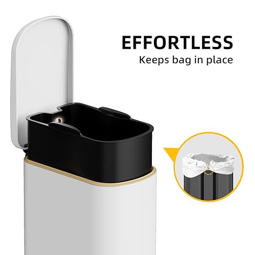 2.6 Gal Stainless Steel Trash Can with Soft Close Stay Open Lid, Small Rectangular 10L Waste bin for Narrow Space, Waterproof, Odor Protection, White