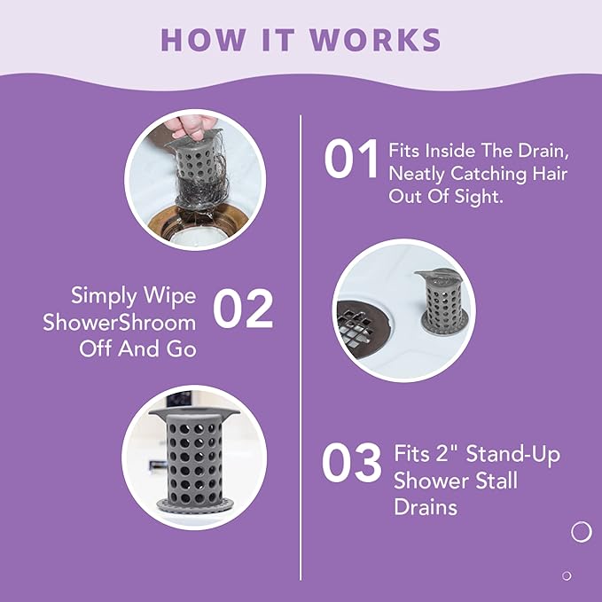 ShowerShroom the Revolutionary 2" Stand-Up Shower Stall Drain Protector Hair Catcher/Strainer, Gray , 1 Count ( Pack of 1)