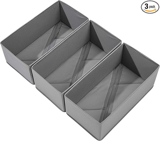 Sock Drawer Organizer 3 Pack - Collapsible Fabric Storage Bins for Underwear Divider, Small Closet Organizers with 3 Compartments, Gray