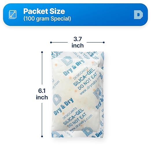 Dry & Dry 100 Gram [50 Packets] Orange Indicating Silica Gel Packets Desiccants - Food Safe Silica Packs, Silica Gel, Silica Packets, Desiccant Packs for Food Storage