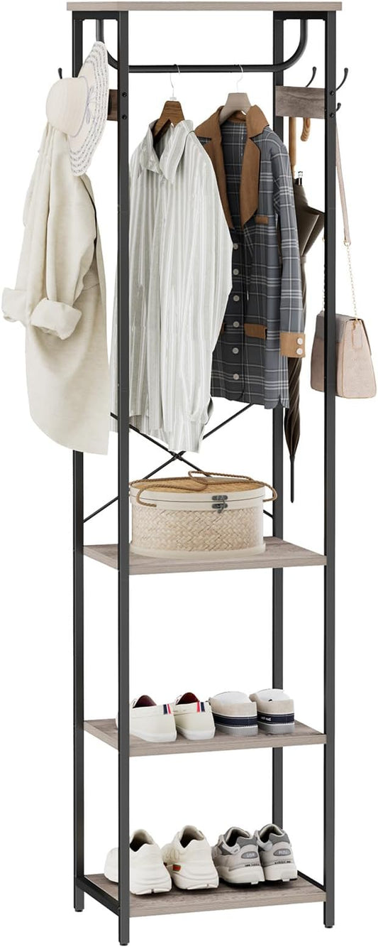 Coat Rack With Hanging Rod, Garment Rack With 3 Wooden Shelves and 4 Hooks, Freestanding Hall Tree, Industrial Clothes Rack Stand Organizer, Greige and Black