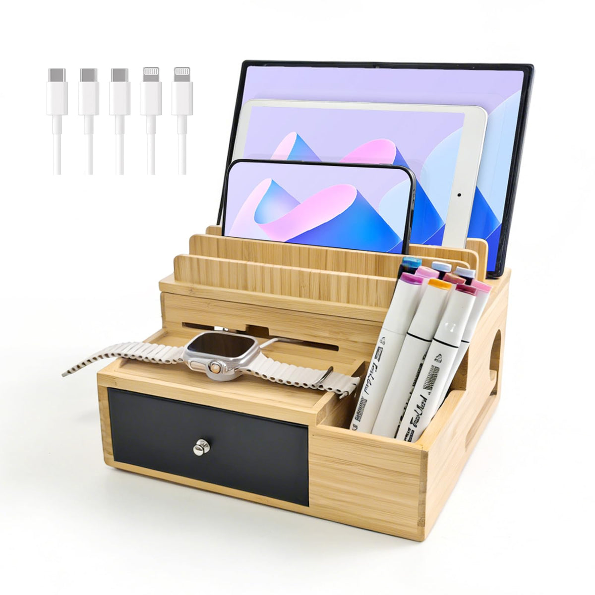 Bamboo Charging Station Organizer with Drawer and Pen Holder - Image 1