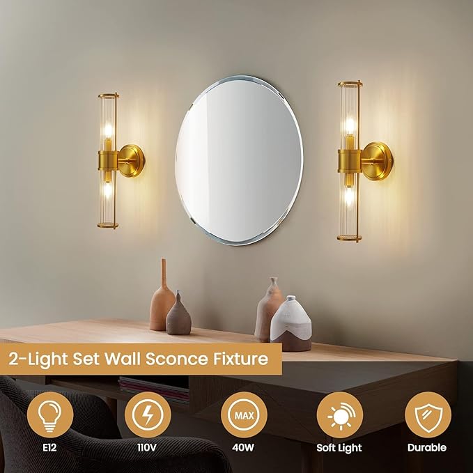 Gold Wall Sconces Set of Two - Modern Bathroom Sconce Indoor Industrial Wall Sconce Vanity Light Wall Light Up and Down Wall Mount Lamp for Bathroom Bedroom (Without Bulb)