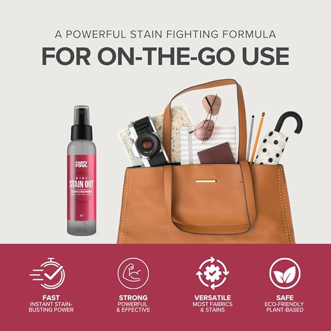 Party Foul Travel Size Wine Stain Out Spray - Plant Based Red Wine Stain Remover for Clothes, Carpets, & Couches - Stain Remover Spray for Coffee, Tea, & Sports Drinks Stains - Unscented - 3 oz