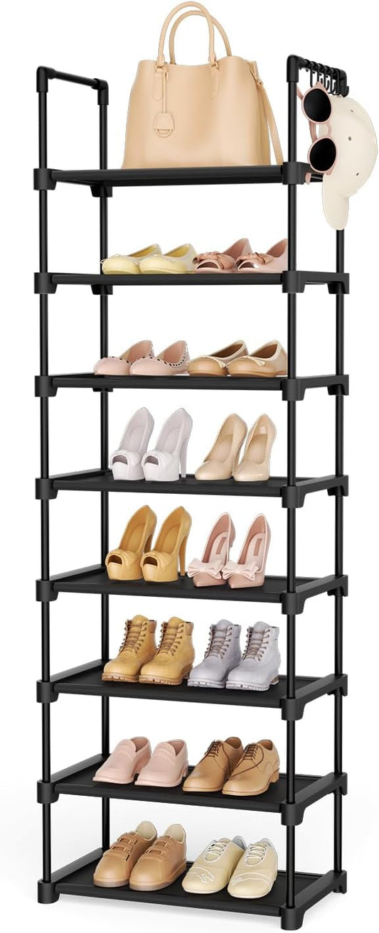 LANTEFUL Tall Shoe Rack 8 Tiers, 16-20 Pairs Shoe and Boots Organizer Storage Sturdy Shoe Shelf, Narrow Vertical Shoe Rack for Entryway, Closet, Metal Shoe Organizer with 5 Hooks