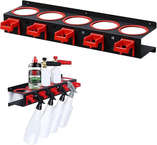 Spray Bottle Storage Rack,Wall-mounted Garage Bottle Organizer with 5 Plastic Hanging Hooks Cleaning Detailing Tools Hanger,Abrasive Material Hanging Rail Car Beauty Shop Accessory
