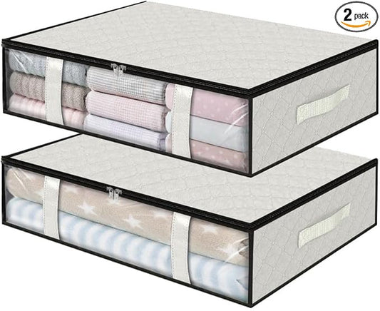 StorageRight Under Bed Storage Bags 2 Pack, 40L Large Clothes & Comforter Storage Containers with Clear Window, Breathable Fabric Organizer for Blankets, Bedding, Seasonal Clothing, White