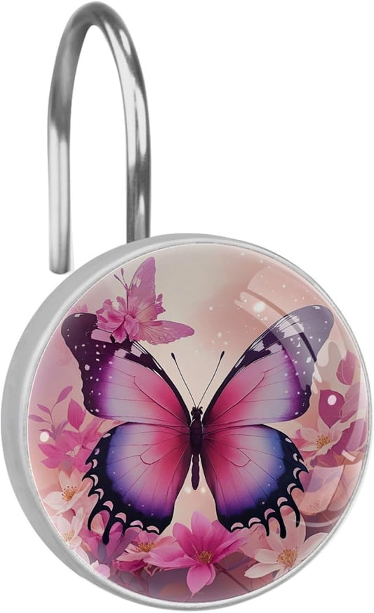 12 Packs Butterfly and Pink Floral Shower Curtain Hooks, Stainless Steel Glass Shower Curtain Rings for Bathroom Decor, Metal Rustproof Curtain Rod Hooks
