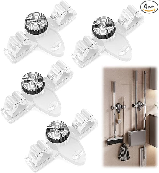 4 Pack Broom Holder Mop Hanger Wall Mount, No Drill Suction Cup Mop and Broom Organizer with Hooks, Space Saving Adjustable Rack Removable Mop Clip for Bathroom, Kitchen, Garage, Laundry Room
