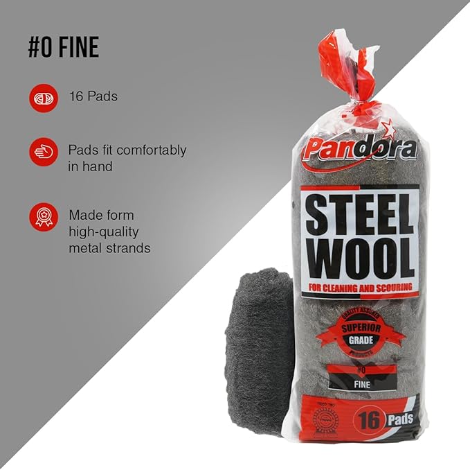 Pandora Steel Wool #0 - Fine Grade, 16 Pads for Cleaning and Scouring- Quality Metal Strands - Ideal for Cleaning Porcelain, Tile, Grout, and Shower Doors