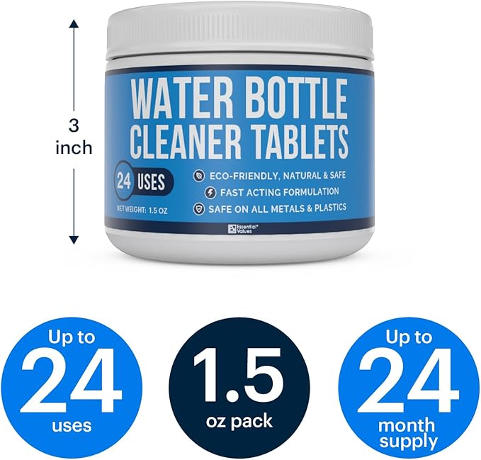 Essential Values Water Bottle Cleaner - Water Bottle Cleaning Tablets & Reservoir Bladder Cleaner Tabs (24 Tablets) - Tumbler Dispenser Hydration Pack Washer - Manufactured in USA