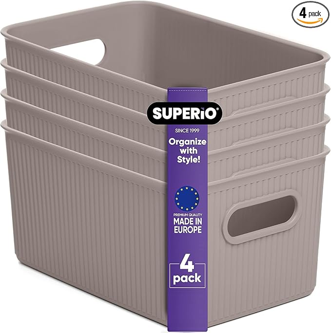 Decorative Plastic Basket Open Home Storage Bins Organizer Baskets, Medium Taupe (4 Pack) Container Boxes for Organizing Closet Storage Bins for Shelves Drawer Shelf - Ribbed Collection 5 Liter
