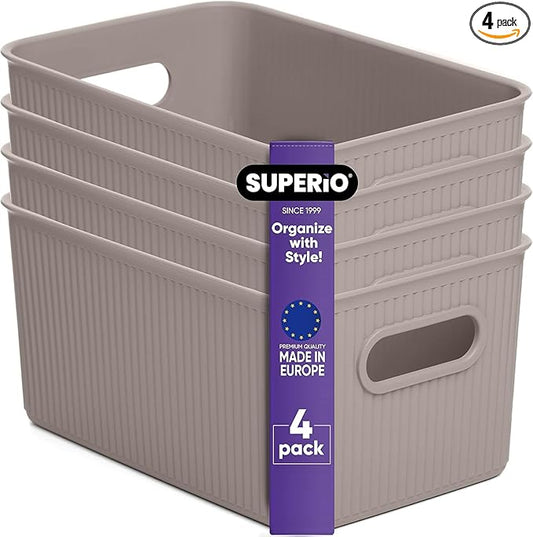 Decorative Plastic Basket Open Home Storage Bins Organizer Baskets, Medium Taupe (4 Pack) Container Boxes for Organizing Closet Storage Bins for Shelves Drawer Shelf - Ribbed Collection 5 Liter