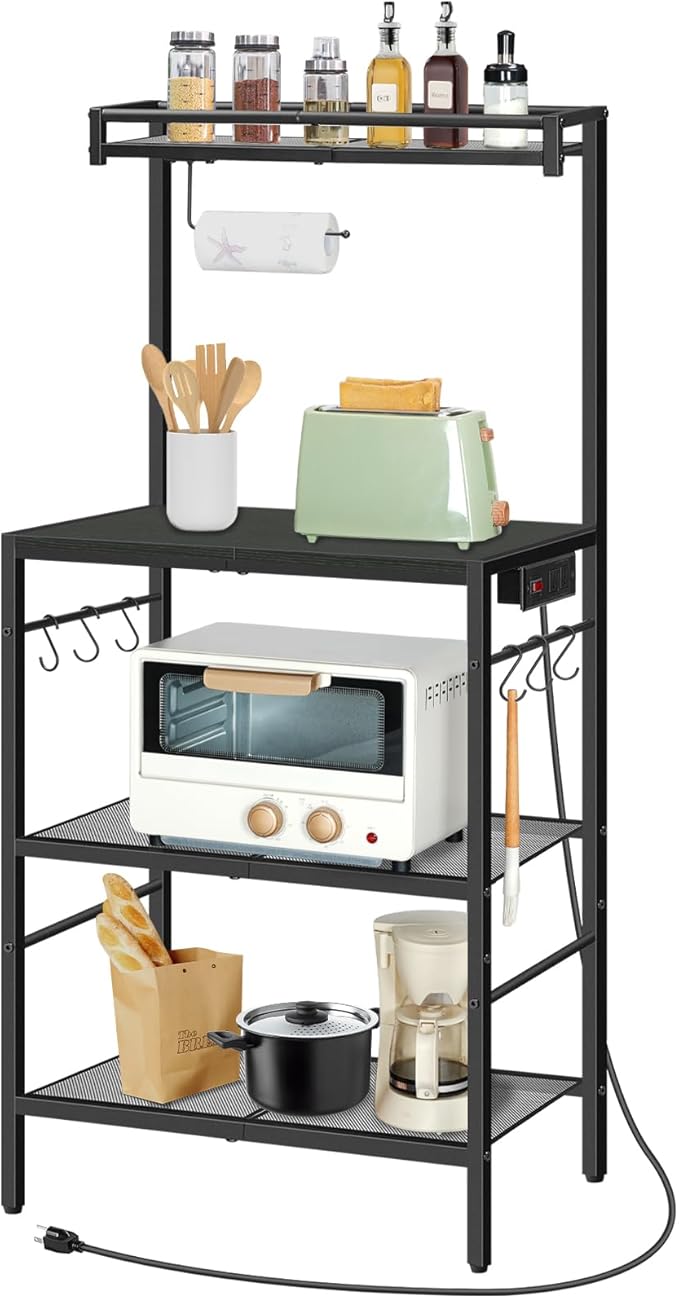 Bakers Rack with Power Outlet, Microwave Stand with Paper Holder, Bakers Rack with Storage, Coffee Bar Station with 6 Hooks, for Kitchen, Dining Room, Black BRBK36E01