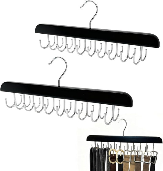 2 Pack Wooden Multi-Functional Belt Hanger with 20 Collapsible Metal Hooks - Closet Belt Organizer, Tie Holder & Belt Hooks for Space Saving, Perfect for Men’s Accessories Storage
