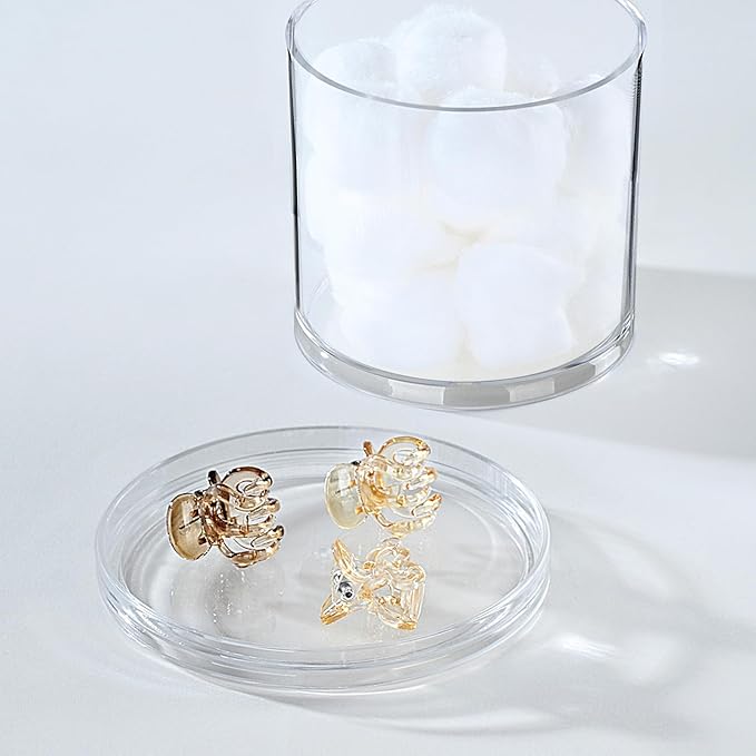 SheeChung 2-Pack Stackable Qtip Holder with Storage Lids - Clear Plastic Apothecary Jars for Bathroom Organization - Shatterproof Cotton Swab Dispenser with Labels - 10oz Vanity Counter Organizer