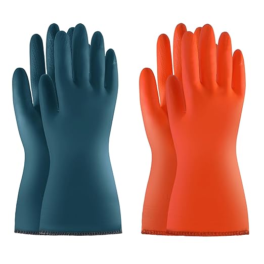 BOOMJOY PVC Cleaning Gloves with Lining, Heavy Duty Dishwashing Gloves, Reusable Large Gloves for Kitchen, Bathroom, Gardening, Working, Pet Care - Orange & Blue, 2 Pairs, Size L