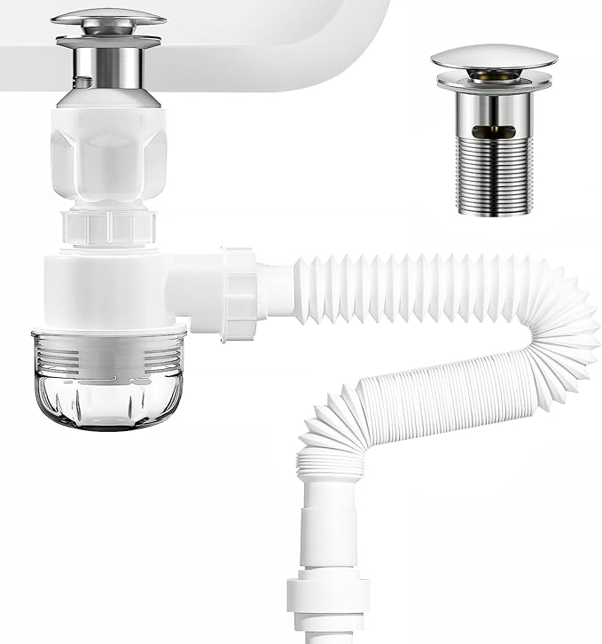 BOTEMY Polished Bathroom Sink Drain Kit with Flexible Sink Drain Pipe -No Tool Installation,11.8-28.4" Anti-Odor Expandable Sink P-Trap,1.25"-1.5" Pop Up Stopper &Strainer Hair Catcher(with Overflow)