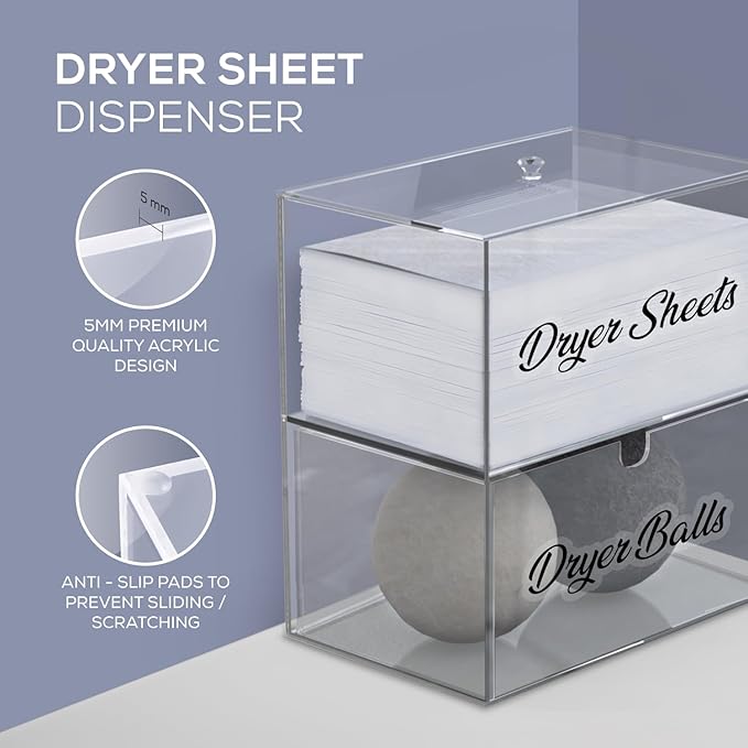 Dryer Sheet Holder, Acrylic Dryer Sheet Dispenser with Anti Slip Pads, Laundry Pod Container, Laundry Room Organization Dispenser, Laundry Pod Holder, Clothes Pins, Dryer Balls Storage