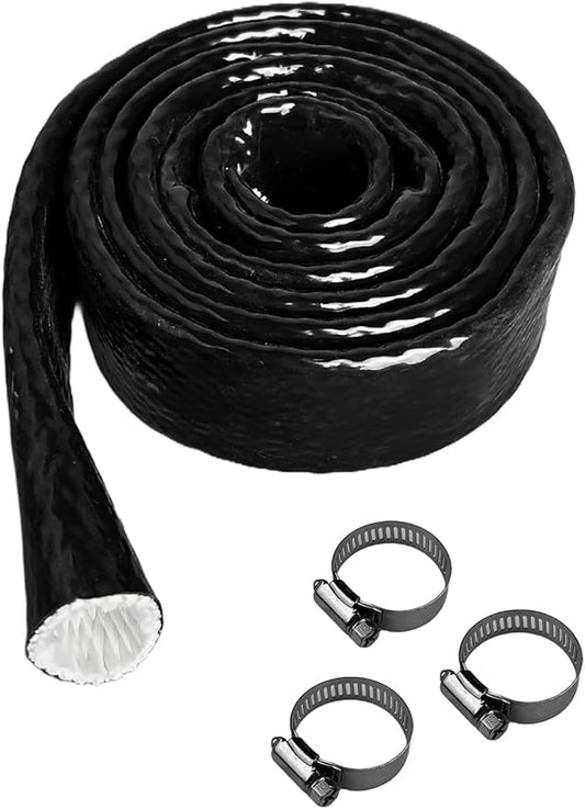 YAMAKATO 1/4" ID Heat Shielded Fire Thermo Armor Fire Sleeve Silicone Coated Fiberglass Heat Protection w/ 3 Clamps for Automotive Hose Lines & Electrical Wiring (Black, 5FT
