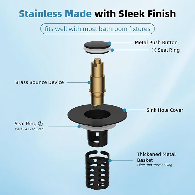 Upgraded Bathroom Sink Drain Strainer Hair Catcher 2PCS Universal 3 in 1 Pop-up Sink Stopper, Fit for 1.1''~2.36'' Basin Hole, with Detachable Stainless Steel Filter Basket, Matte Black