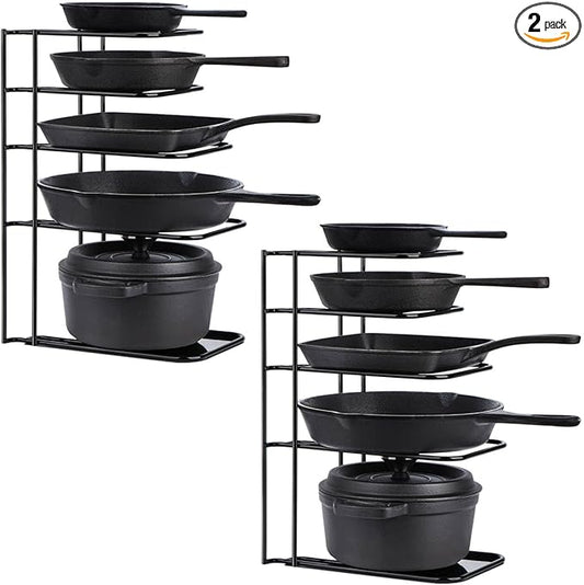 Toplife 2 Pack Heavy Duty Pan Organizer, 5 Tier Pot and Pan Organizer Rack for Cast Iron Skillets, Griddles and Pots - Sturdy Steel Construction- No Assembly Required - Black