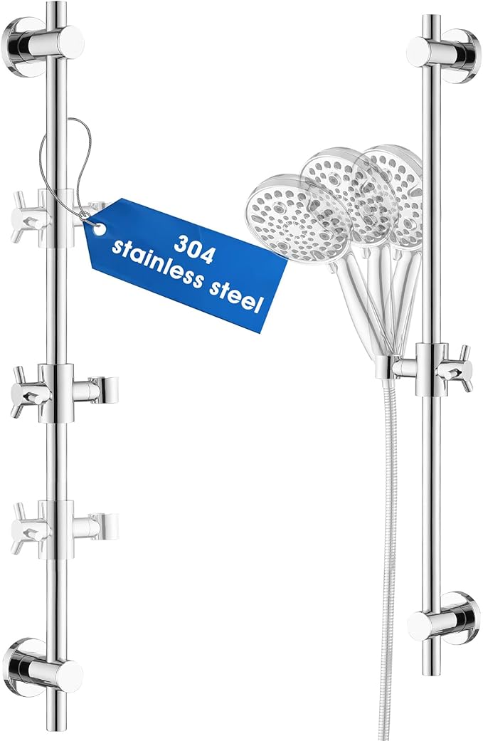 Shower Slide Bar with Adjustable Handheld Shower Head Holder, 25 Inch SUS304 Stainless Steel Shower Rail, Replacement for RV, Camper, Hotel & Bathroom, Polished Chrome
