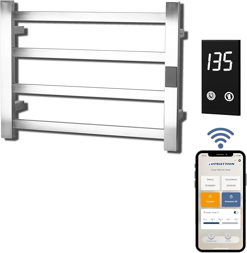 Smart Wireless Electric Towel Warmer | Blade Thin 4 Bar Design | Hardwired & Plug-in | Alexa & Google Home Compatible | Brushed Finish