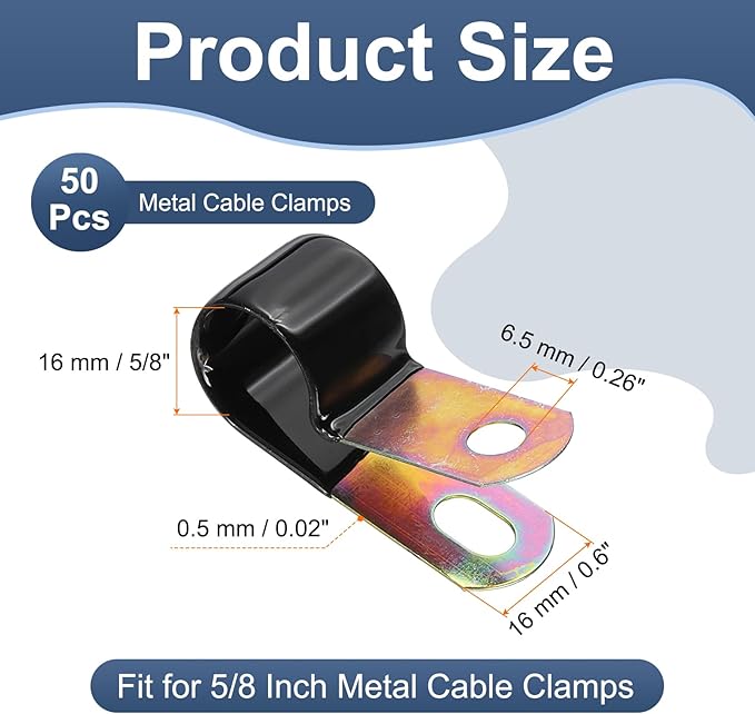 PATIKIL 5/8 Inch Vinyl Coated Cable Clamps, 50 Pack Galvanized Steel Metal Cable Clips Rubber Cushion Insulated Pipe Clamps for Tube Lines Cord Wire Management, Black