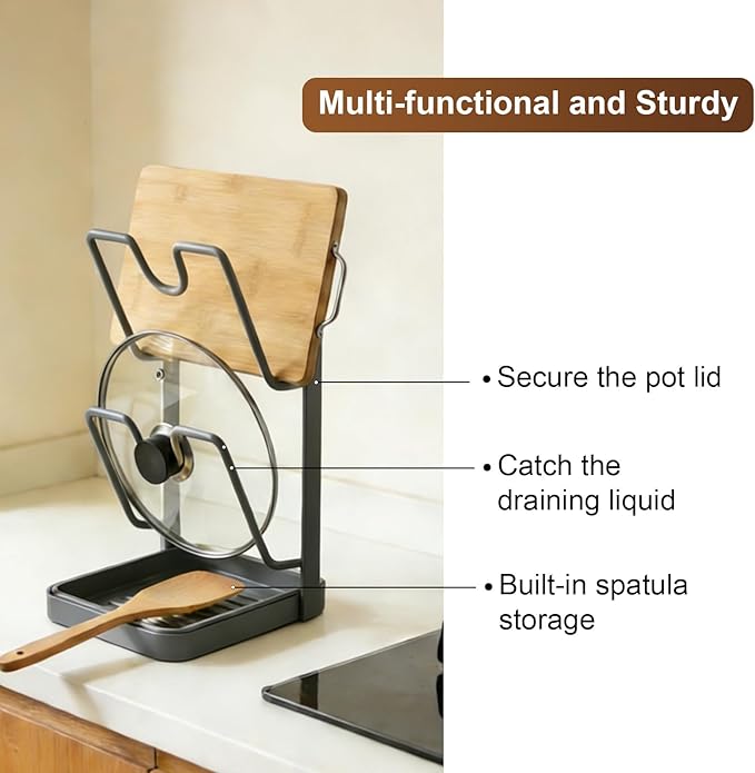 Pot Lid Holder,304 Stainless Steel Pot Lid Holder While Cooking,Kitchen Pot Lid Storage Rack, Removable Drip Tray, Multifunctional Kitchen Organizer Stand for Countertop (Gray, Double-layer)