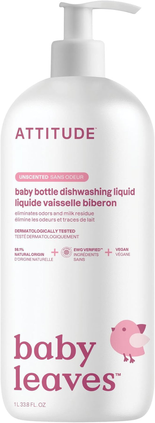 ATTITUDE Baby Bottle & Dish Soap, EWG Verified Bottle Cleaner, Fragrance Free & Dye Free, Removes Milk Residue & Grease, Vegan, Unscented, 33.8 Fl Oz