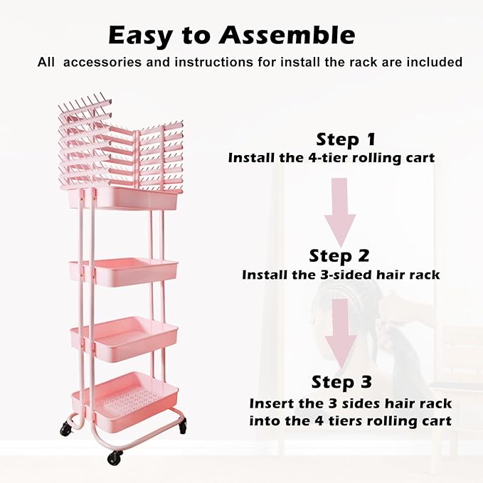Braiding Hair Rack with 196 Pegs, Hair Extension Holder with 4 Tiers Storage Cart, Elegent Pink Braiding Rack Stand for Hair Braider, Sturdy Hair Rack for Salon, Home, Beauty School