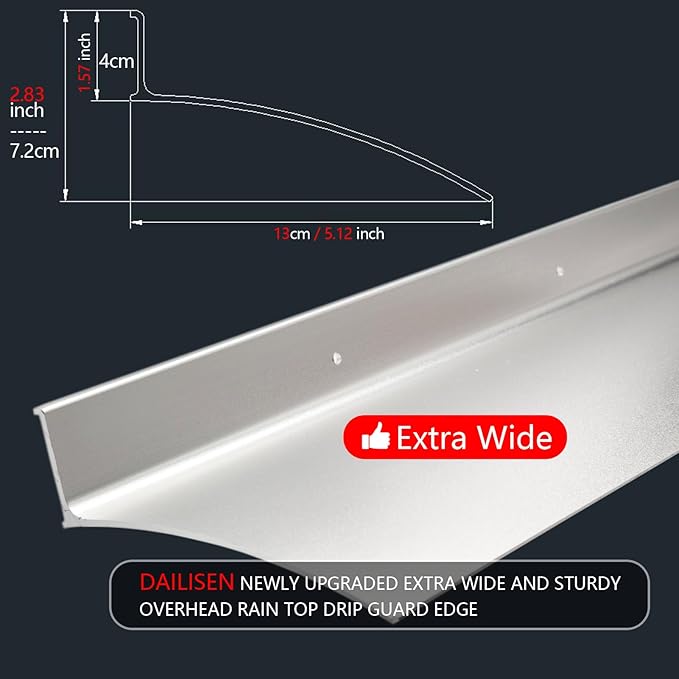 Heavy-Duty 5.12" W 43.3" L Door Rain Drip Guard Overhead,Aluminum Drip Cap for Exterior Doors Window Top,Rain Drip Edge Flashing,Water Deflector,Rain Diverter,Anodized Silver 1PCS