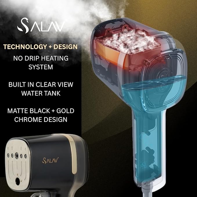 SALAV® Quicksteam Portable Travel Hand Held Garment Steamer for Clothes, 10 seconds Fast Heating Time, Removes Wrinkles on Clothes and Fabrics, No Drip Steam, Stainless Steel Plate