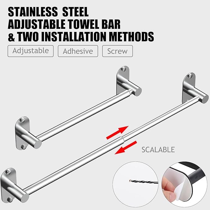 Towel Bar, Adjustable 14.4inch - 25.2inch Towel Rack, Self Adhesive & Wall Mounted for Bathroom Kitchen Hand Towel Holder Cloths Hanger SUS 304 Stainless Steel Organizer Single Bar (1, Chrome)