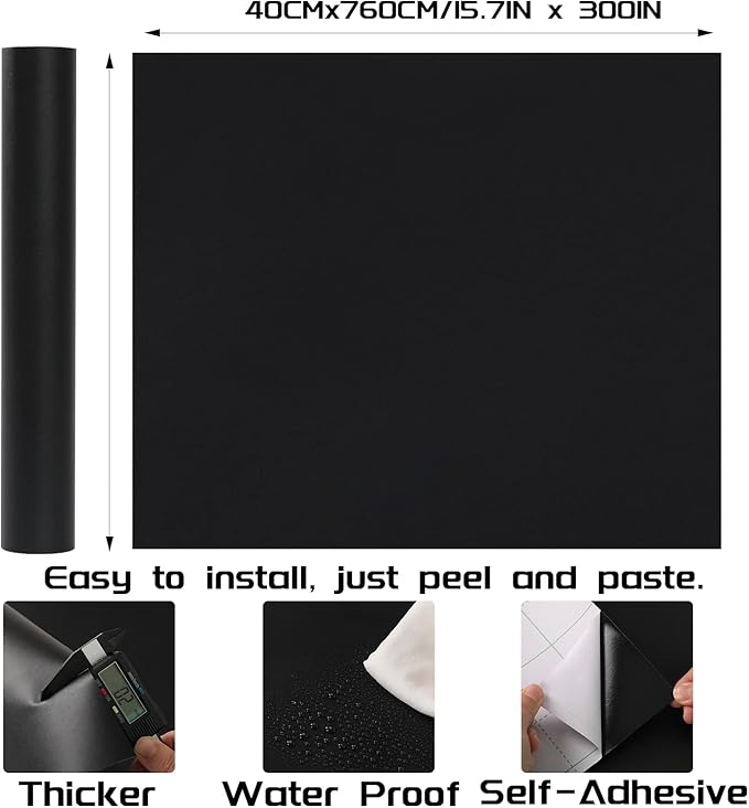 Black Contact Paper - 15.7 x 300 Inch Peel and Stick Wallpaper, Matte Black Wallpaper, Self Adhesive and Removable Decorative Contact Paper for Cabinets,Stand Liner, Table and Door Makeover Decor