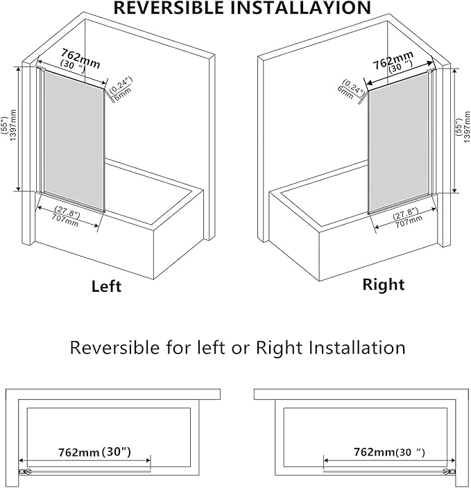 Shower Door Swing Bathtub Screen,30 *W x 55*H in Bathtub Shower,Bathroom Door with Bottom Seal,Liftable and Foldable Glass Door,Rectangular Bathtub Screen