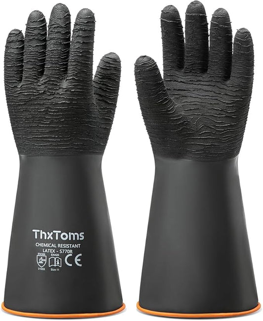 ThxToms Heavy Duty Rubber Gloves, Industrial Chemical Resistant Gloves Waterproof Reusable Protective Work Gloves for Cleaning, Dishwashing,Upgraded with Non-Slip Design, Black, 14" 1 Pair