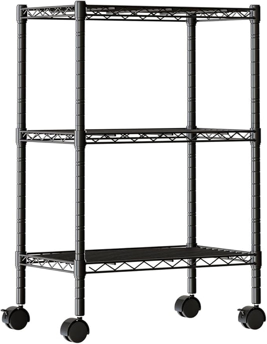 DUMOS Industrial 3 Level Grid Storage Rack ，Mobile Metallic Shelving System with Lockable Wheels， Multi-Purpose Cabinet for Workshop, Culinary Space, Storeroom, Washroom & Restroom Black