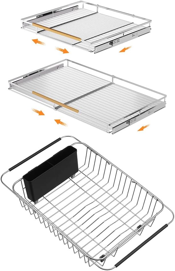 SANNO Expandable Pull Out Drawer Organizer and Storage, Sliding Shelf Under Sink Shelf Expandable Dish Drying Rack Over The Sink Dish Drainer