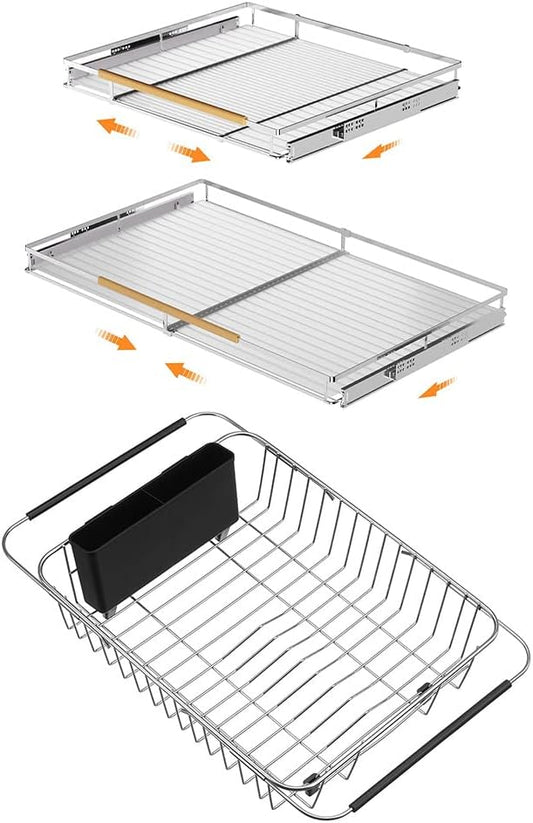 SANNO Expandable Pull Out Drawer Organizer and Storage, Sliding Shelf Under Sink Shelf Expandable Dish Drying Rack Over The Sink Dish Drainer