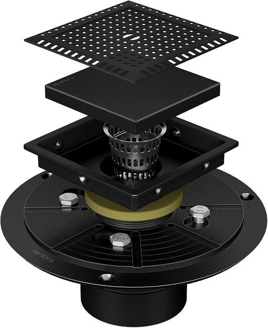 4 Inch Square Black Shower Drain Kit with Flange & Lifting Hook, Modern Floor Drain with 2-in-1 Cover Tiled Insert Grate, Stainless Steel SUS 304 (Matte Black, 4 Inch)