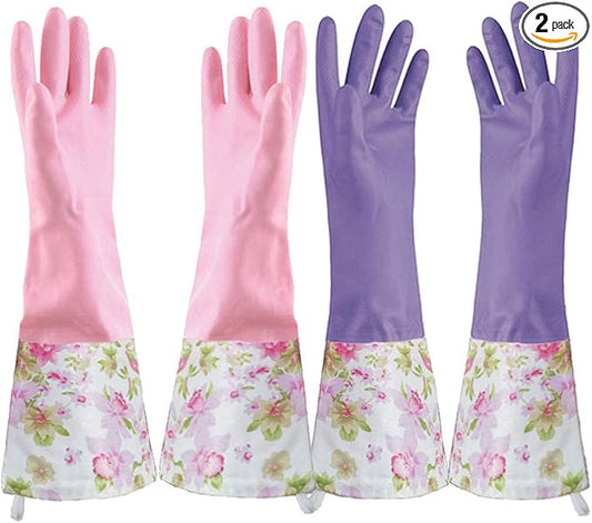 KINGFINGER 2 Pairs Latex-Free Reusable Dishwashing Gloves,PVC Waterproof Long Cuff and Flock Lining Household Cleaning Gloves,for Kitchen & Bathroom Cleaning, Large