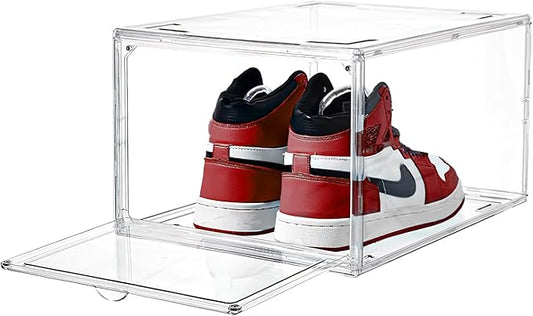 Ultra All Clear Shoe Boxes Plastic Stackable Professional Grade Shoe Display Case with Magnetic Front Drop Door Open Easy Assembly Modern Shoe Sneaker Display Case Fits US Size 14