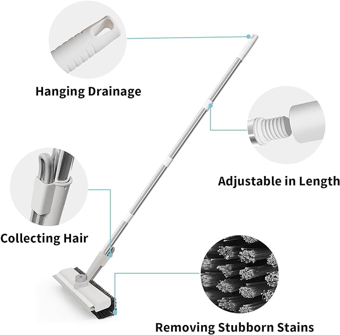 Floor Scrub Brush with Long Handle, 3 in 1 Scrape and Heavy-Duty Stiff Bristle Scrubber Brush for Cleaning Shower Bathroom, Patio, Pool, Garage, Kitchen, Wall and Deck (White, 1 Pack)