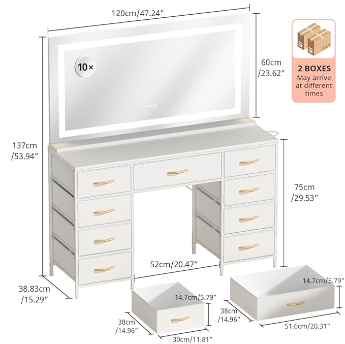 COMHOMA Vanity Desk with Large Mirror,LED and Power Outlet,Makeup Table with 9 Storage Drawersand HD Mirrors,3 Color Modes Adjustable Lighting for Bedroom Dressing Room (White, 47inch)