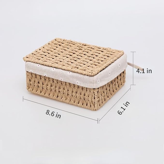 Wicker Shelf Basket with Lid Paper Storage Baskets for Shelves Medium Storage Bin with Removable Liner Nesting Decorative Woven Basket for Makeup Closet Organizer (Medium, Khaki)