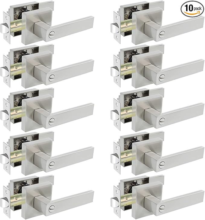 KAMOTA Privacy Door Levers, 10 Pack Satin Nickel Door Handles Bed and Bath Door Locks Interior Keyless Locksets, Left and Right Hand Reversible