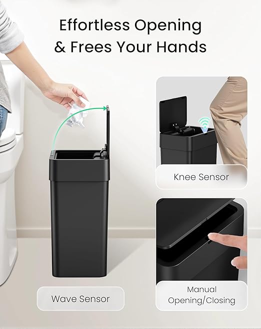 Cesun Bathroom Trash Can with Lid, 4 Gallon Motion Sensor Garbage Can Automatic Touchless Trash Cans, Slim Plastic Smart Waste Basket for Bedroom, Office, Living Room, Black